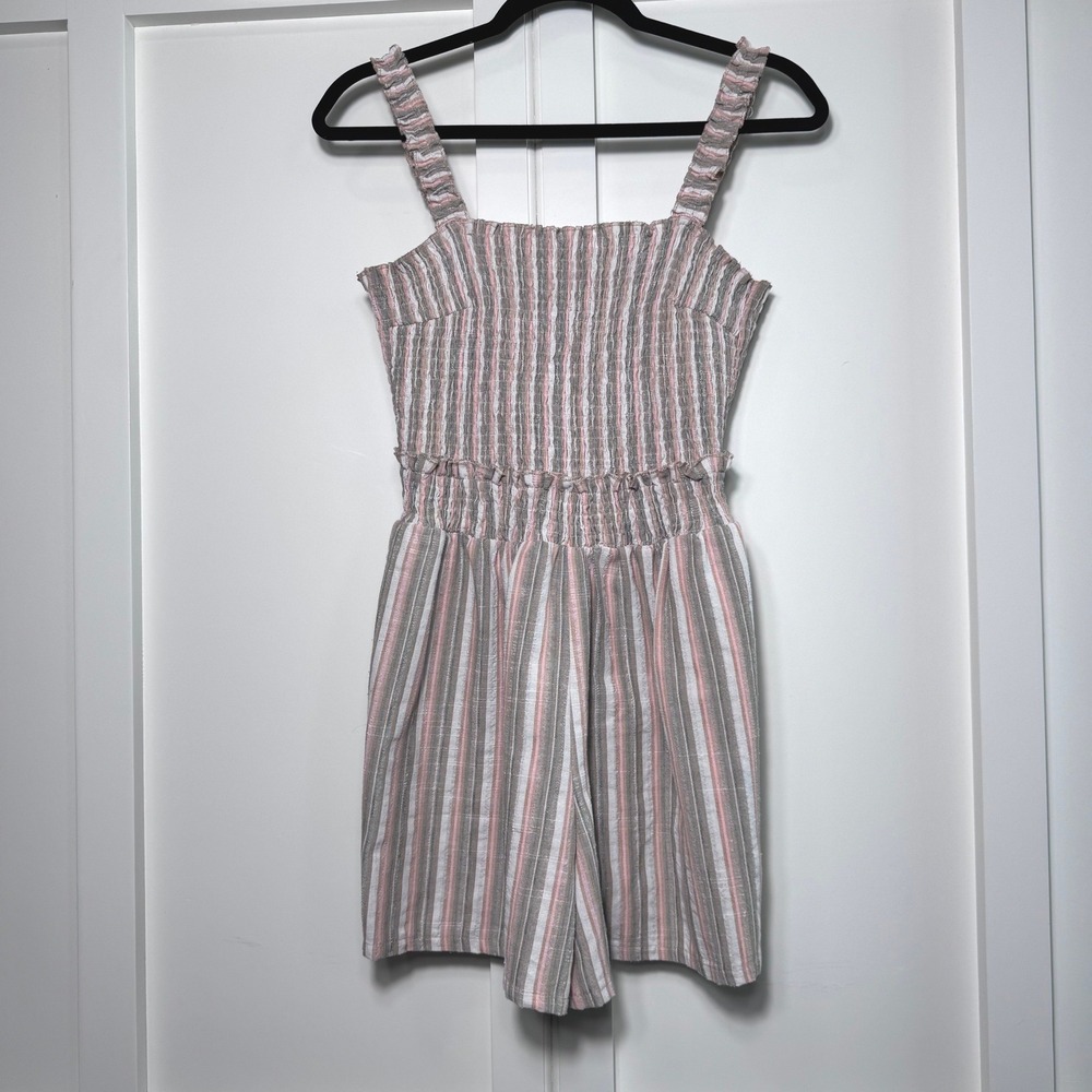 Easel Los Angeles Womens Striped Smocked Romper Pink Tan Grey Lace Up Back M